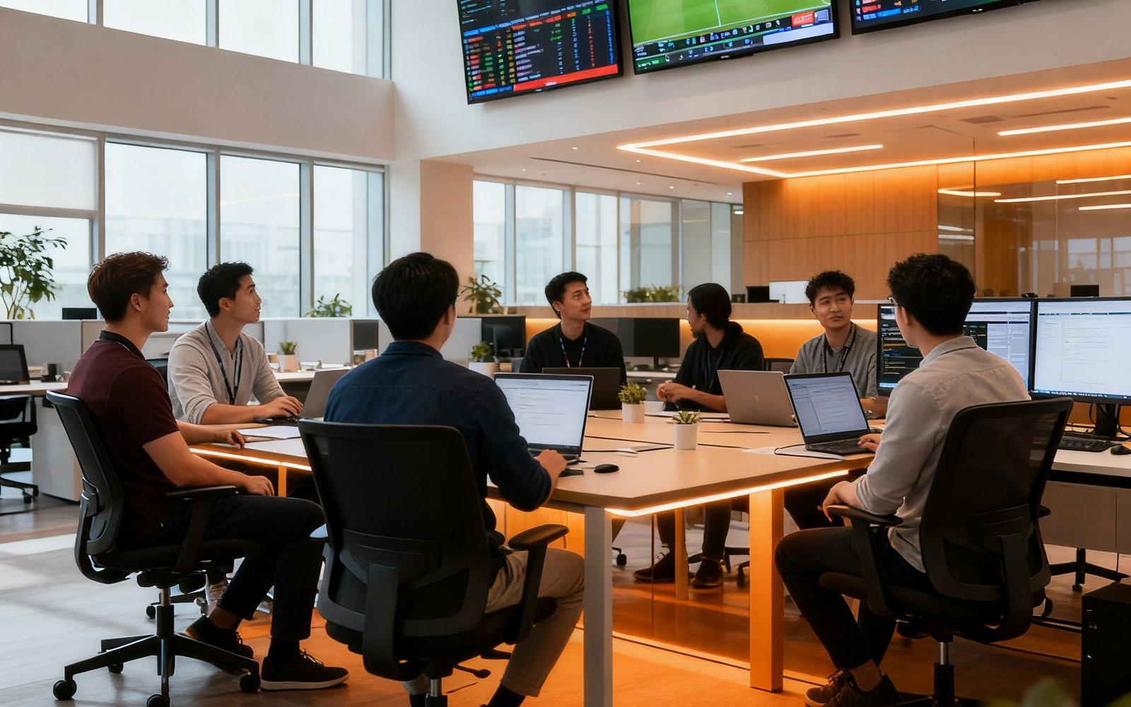 球探体育广州总部开放式办公区，数十名员工在宽敞明亮的空间中协作，墙上悬挂着多块赛事数据监控大屏