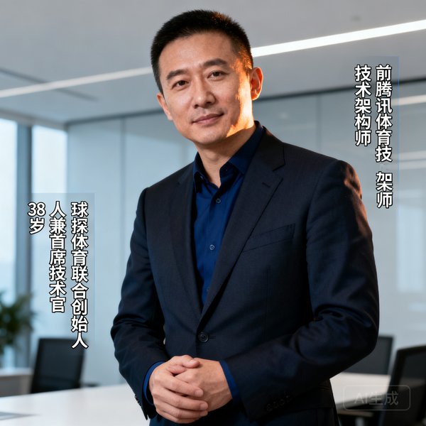 王浩然，球探体育联合创始人兼首席技术官，38岁，前腾讯体育技术架构师，短发干练的男性