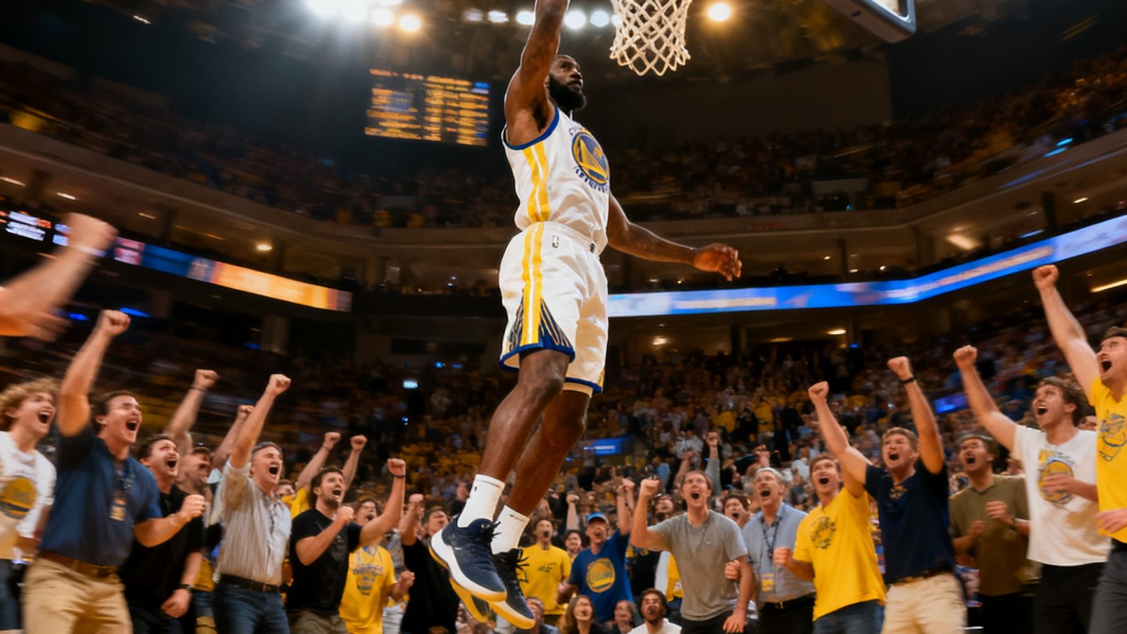 NBA比赛现场，一位球员腾空而起完成暴力扣篮，篮筐微微颤动，四周观众集体起立振臂欢呼